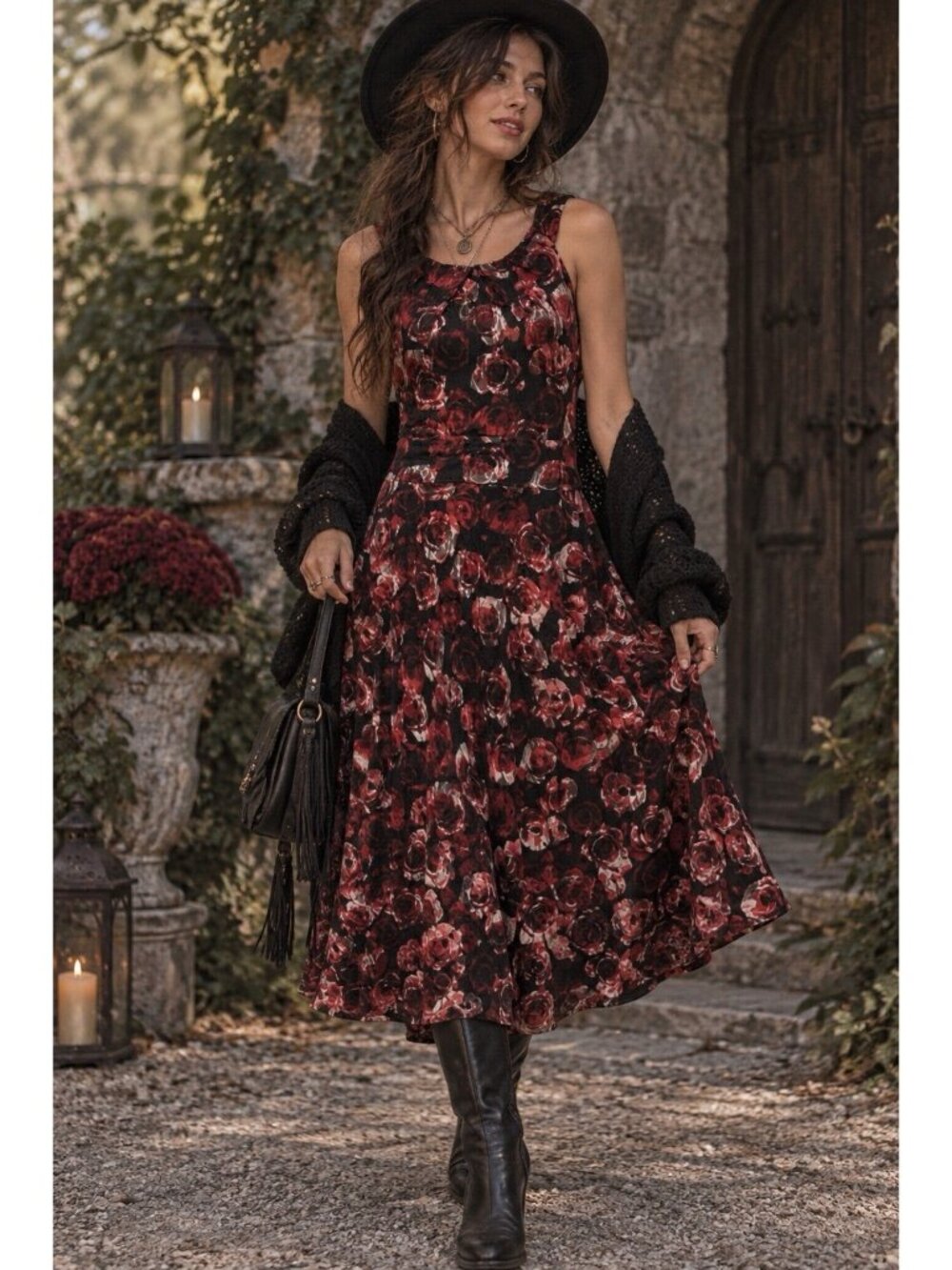Connected Apparel Vintage Dress Black Red Rose Lace Overlay Whimsigoth Emo Y2K